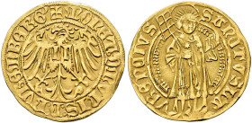 NÜRNBERG. KÖNIGLICHE MÜNZSTÄTTE. 
Friedrich III.,1439-1493. Goldgulden o.J. (1469-1471). Adler, auf der Brust ein grosses N // In einer Bogeneinfassu...