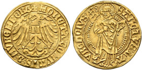 NÜRNBERG. KÖNIGLICHE MÜNZSTÄTTE. 
Maximilian I., 1493-1519. Goldgulden o.J. (um 1496). Adler, auf der Brust ein grosses N; gotische Umschrift MONETA:...