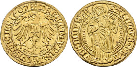 NÜRNBERG. KÖNIGLICHE MÜNZSTÄTTE. 
Maximilian I., 1493-1519. Goldgulden 1507. Adler mit ausgebreiteten Schwingen, auf der Brust ein N; gotische Umschr...