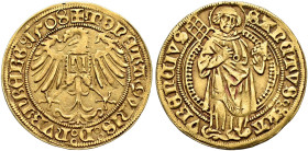 NÜRNBERG. KÖNIGLICHE MÜNZSTÄTTE. 
Maximilian I., 1493-1519. Goldgulden 1508. Adler mit ausgebreiteten Schwingen, auf der Brust ein N; gotische Umschr...