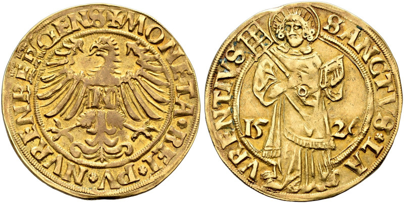 NÜRNBERG. KÖNIGLICHE MÜNZSTÄTTE. 
Karl V., 1519-1530-1556. Goldgulden 1526. Bre...