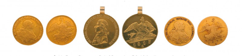 3 Goldmünzen Preussen. Dabei Doppelter Friedrichs d'or 1813A an altem Henkel, Fe...