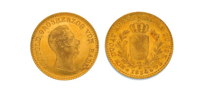 Baden-Durlach, Leopold 1830-1852. Rheingolddukat 1834. Jaeger 52 a, AKS 72, Kirc...