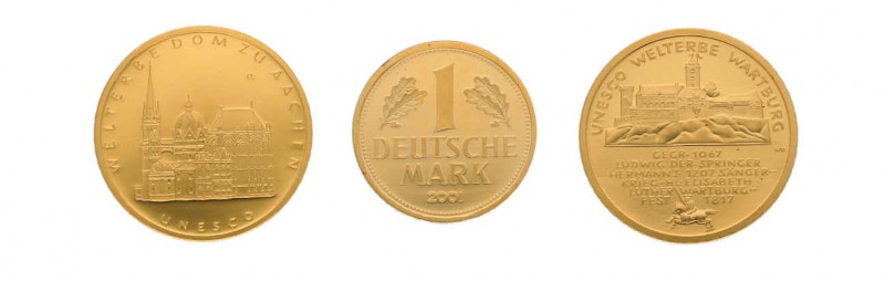 3 Goldmünzen Bundesrepublik Deutschland. 1 DM Gold 2001 D, 100 Euro 2011 Wartbur...