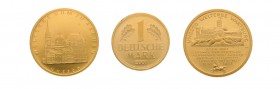 3 Goldmünzen Bundesrepublik Deutschland. 1 DM Gold 2001 D, 100 Euro 2011 Wartburg sowie 100 Euro 2012 Dom zu Aachen. Zusammen 43,1 g.f.