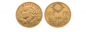 100 Franken 1925 B. Vs. Frauenbüste mit geflochtem Zopf, das Kleid mit Edel­weiss­blüten bestickt, im Hintergrund Berge, Rs. Schweizerkreuz in Strahle...
