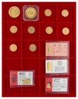 Kleine Partie von 10 Goldmünzen. Dabei 8 x 20 Franken Vreneli sowie 1 x 100 Dollar Australien Nugget. Dazu 4 kleine Goldbarren. Zusammen 114,9 g.f.