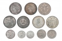 Gehaltvolle Sammlung Schweizer Kursmünzen ab 1850. Mit dabei 1/2 Franken 1850 und 1851, 1 Franken 1850, 1851, 1860 und 1861, 2 Franken 1850, 1860, 186...