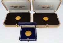 Kleine Partie Goldmünzen mit 2 x 250 Franken 1991 originalverpackt sowie 1 x Südtirol 1962 Auto-Quiz. Zusammen ca. 18 g.f.