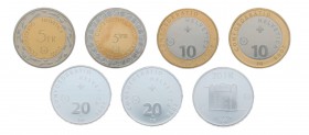 7 Probeprägungen Schweiz. Dabei 5 Franken 2002 und 2003, 10 Franken 2004 und 2008 sowie 20 Franken 2001, 2005 und 2006.