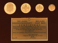 3 Sets a jeweils 4 Münzen von 1/10 Unze bis 1 Unze Gold zu den folgenden Themen: 800 Jahre Bern 1991 , 700 Jahre Eidgenossenschaft 1991 sowie Madonna ...
