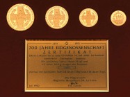 3 Sets a jeweils 4 Münzen von 1/10 Unze bis 1 Unze Gold zu den folgenden Themen: 800 Jahre Bern 1991 , 700 Jahre Eidgenossenschaft 1991 sowie Madonna ...