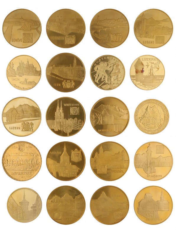 Imposante Partie mit 69 Goldmedaillen der Schweiz. Meist zum Thema Städte und Ka...