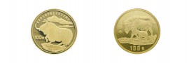2 Goldmünzen China. 100 Yuan 1986 Tibetischer Grunzochse (Yak), selten nur 3.000 Exemplare geprägt sowie 100 Yuan 1992 Takin mit Jungtier. Zusammen ca...