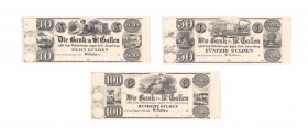 Bank in St. Gallen. Serie von 3 Formularen zu 10, 50 und 100 Gulden o. J. Richter/Kunzmann KA163-165b. Lochentwertet, sonst fast kassenfrisch. Dazu 50...