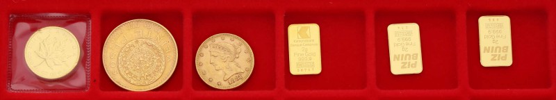 3 Goldmünzen dabei 1/4 Unze Kanada, 5 Dollar USA Liberty 1881 sowie 20 
Peso Mex...