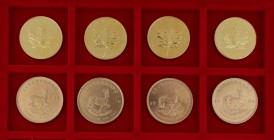 8 Anlagegoldmünzen zu jeweils 1 Unze fein. Dabei 4 Kanada Maple Leaf sowie
4 Krügerrand. Zusammen 248,8 g.f