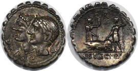 Römische Münzen, MÜNZEN DER RÖMISCHEN REPUBLIK. C. Sulpicius Galba Denar (Serratus) 106 v. Chr., Rom. Vs.: Köpfe der Dei Penates nebeneinander. Rs.: 2...