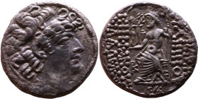 Philip I Philadelphus (93- 83 BC) Tetrarachm Obverse: Head of king right. Reverse: Zeus on throne facing left, holding scepter and Nike, monogram in f...