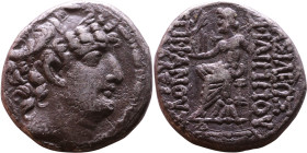 Philip I Philadelphus (93- 83 BC) Tetrarachm Obverse: Head of king right. Reverse: Zeus on throne facing left, holding scepter and Nike, monogram in f...