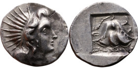 Rhodes (177-150 BC) Drachm Obverse: Head of Helios in radiate crown, right Reverse: Rose of Rhodes in incuse square