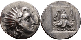 Rhodes (177-150 BC) Drachm Obverse: Head of Helios in radiate crown, right Reverse: Rose of Rhodes in incuse square