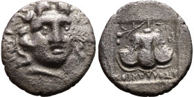 Rhodes (II – I Century BC) Silver coin Obverse: Radiate head of Helios facing slightly right Reverse: Rose of Rhodes in incuse square