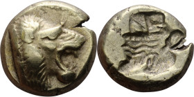 Lesbos, Mytilene (VI – V century BC)  EL Hekte  Obverse: Head of roaring lion right Rev: Incuse head of cow left