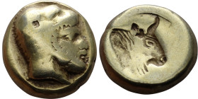 Lesbos, Mytilene  (V century BC)  EL Hekte  Obverse: Bearded head of Herakles right in lionskin headdress Reverse:  Head and neck of bull right.