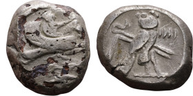 Phoenicia: Tyre ( IV century BC) Obol Obverse: Hippocamp right; waves and dolphin below. Reverse: Owl standing right, head facing; crook and flail dia...
