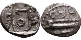 PHOENICIA: Sidon (4th century) Ar Obol Obverse: Galley l.; legend in Phoenician, Reverse. Persian king battling lion