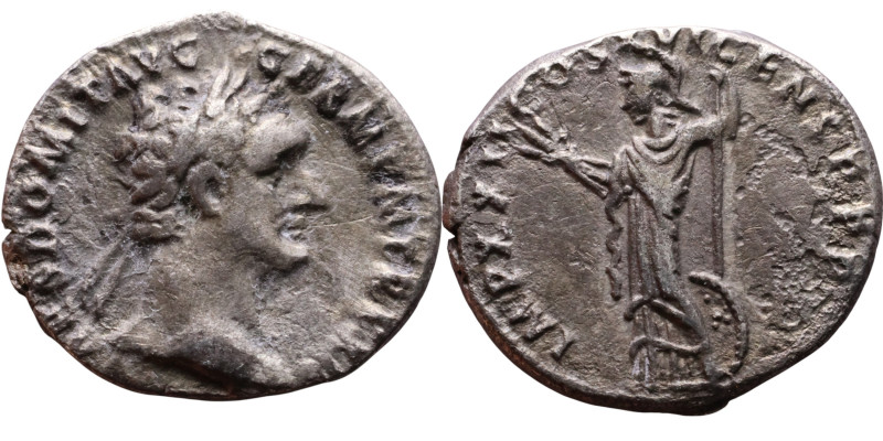 Domitian (81-96) Denarius. Obverse: Laureate head right. Reverse: Minerva standi...