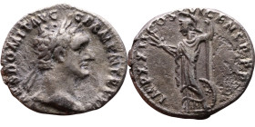 Domitian (81-96) Denarius. Obverse: Laureate head right. Reverse:  Minerva standing right on capital of rostral column, holding spear and shield
