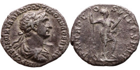 Trajan (98-117) Denarius. Obv: Laureate, draped bust of emperor. Rev: Virtus standing right, holding reversed spear and parazonium