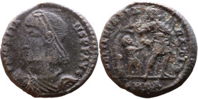 Constans (337-361) Follis. Obv: DN CONSTANS PF AVGpearl diademed, draped, cuirassed bust left, holding globe Rev.: FEL TEMP REPARATIO  Helmeted soldie...
