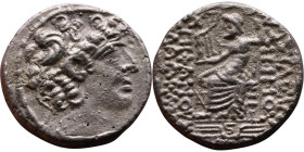 Philip I Philadelphus (93- 83 BC) Tetrarachm Obverse: Head of king right. Reverse: Zeus on throne facing left, holding scepter and Nike, monogram in f...