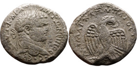 Caracalla (211-217) Tetradrachm. Obverse: Bust of emperor. Reverse: Eagle standing left, head right, wreath in beak, tail right, wings spread