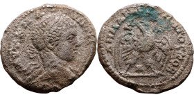 Elagabalus (218-222) Tetradrachm. Obverse: Bust of emperor. Reverse: Eagle standing left, head right, wreath in beak, tail right, wings spread