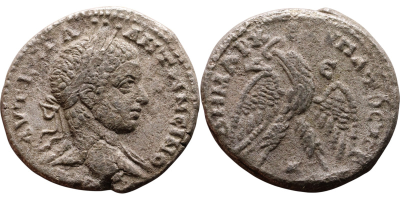 Elagabalus (218-222) Tetradrachm. Obverse: Bust of emperor. Reverse: Eagle stand...