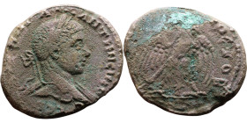 Elagabalus (218-222) Tetradrachm. Obverse: Bust of emperor. Reverse: Eagle standing left, head right, wreath in beak, tail right, wings spread