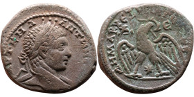 Elagabalus (218-222) Tetradrachm. Obverse: Bust of emperor. Reverse: Eagle standing left, head right, wreath in beak, tail right, wings spread