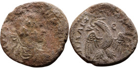 Elagabalus (218-222) Tetradrachm. Obverse: Bust of emperor. Reverse: Eagle standing left, head right, wreath in beak, tail right, wings spread
