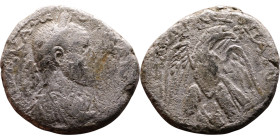 Elagabalus (218-222) Tetradrachm. Obverse: Bust of emperor. Reverse: Eagle standing left, head right, wreath in beak, tail right, wings spread