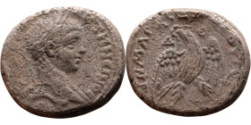 Elagabalus (218-222) Tetradrachm. Obverse: Bust of emperor. Reverse: Eagle standing left, head right, wreath in beak, tail right, wings spread