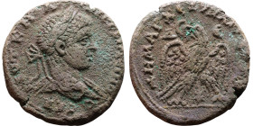 Elagabalus (218-222) Tetradrachm. Obverse: Bust of emperor. Reverse: Eagle standing left, head right, wreath in beak, tail right, wings spread