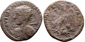 Elagabalus (218-222) Tetradrachm. Obverse: Bust of emperor. Reverse: Eagle standing left, head right, wreath in beak, tail right, wings spread