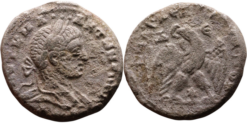 Elagabalus (218-222) Tetradrachm. Obverse: Bust of emperor. Reverse: Eagle stand...