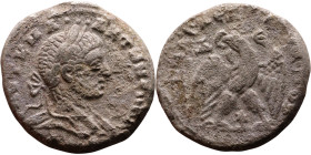 Elagabalus (218-222) Tetradrachm. Obverse: Bust of emperor. Reverse: Eagle standing left, head right, wreath in beak, tail right, wings spread
