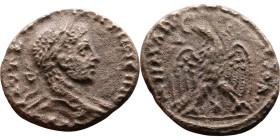 Elagabalus (218-222) Tetradrachm. Obverse: Bust of emperor. Reverse: Eagle standing left, head right, wreath in beak, tail right, wings spread