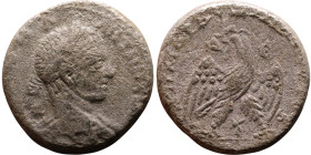 Elagabalus (218-222) Tetradrachm. Obverse: Bust of emperor. Reverse: Eagle standing left, head right, wreath in beak, tail right, wings spread